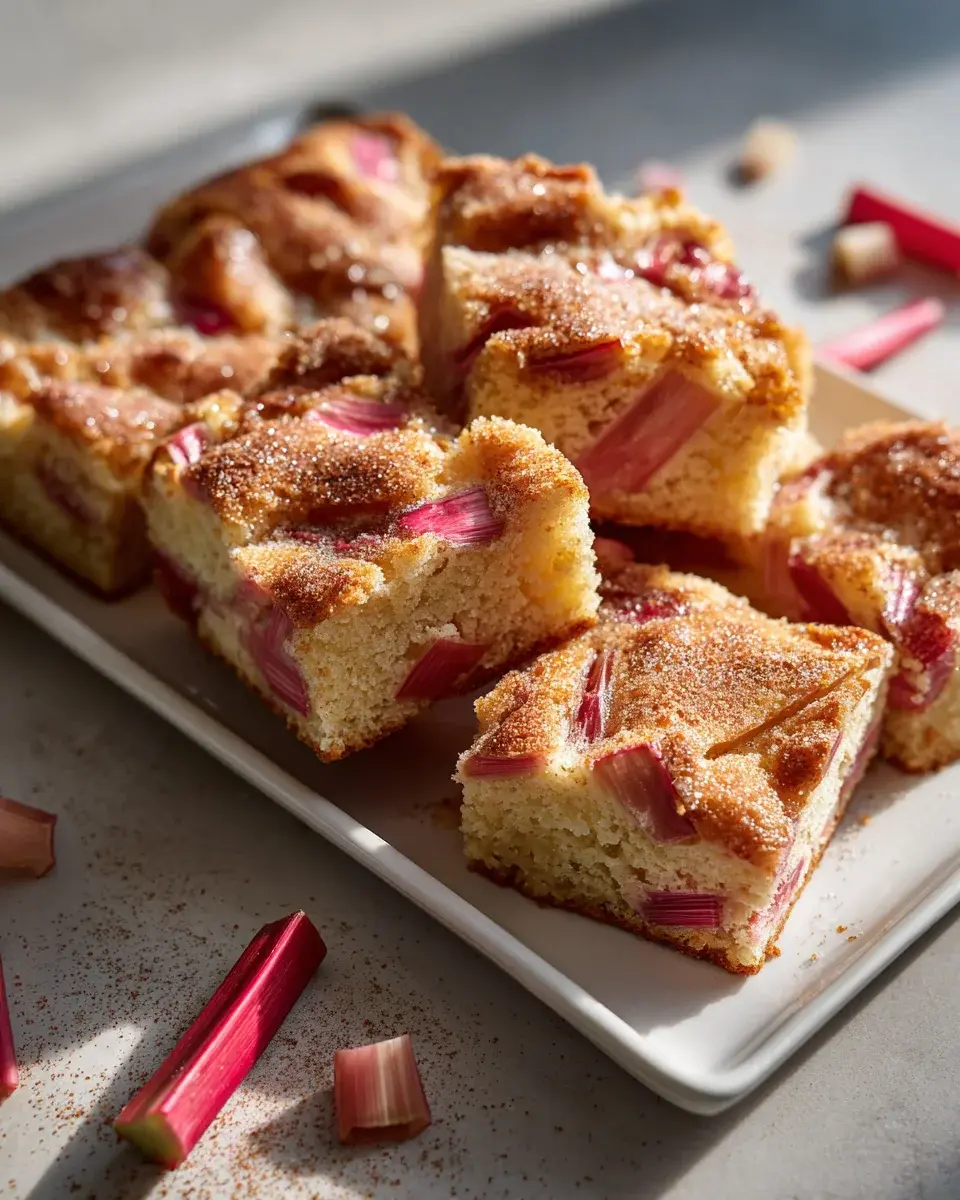 saftiger rhabarberkuchen vom blech mit zimt zucker kruste