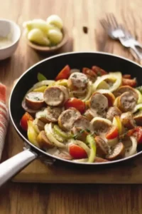 Herzhafte Bratwurstpfanne mit Kartoffeln, Porree und Paprika