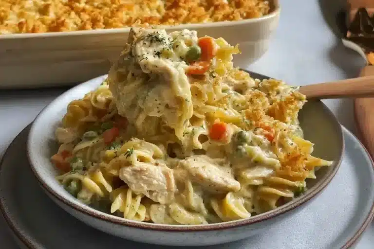 Creamy Chicken Pot Pie Pasta Bake