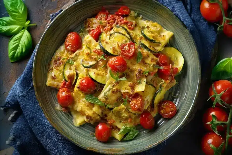 Cremige Maultaschenpfanne mit Zucchini und Tomaten