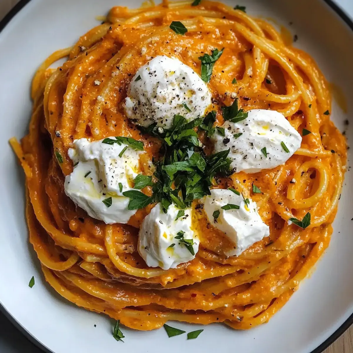 Cremige Paprika-Pasta mit Burrata und Kräutern