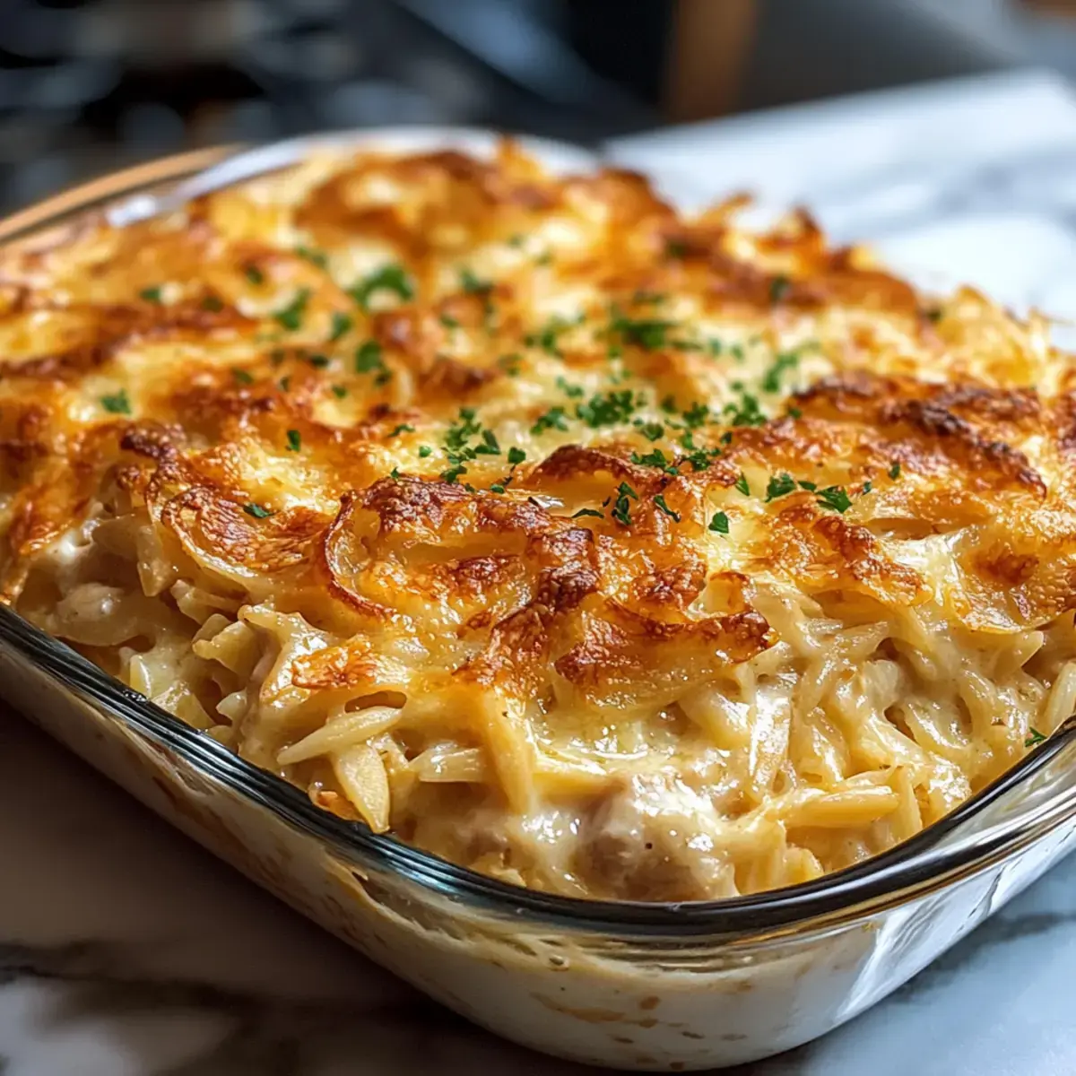 Französische Zwiebel Hähnchen Orzo