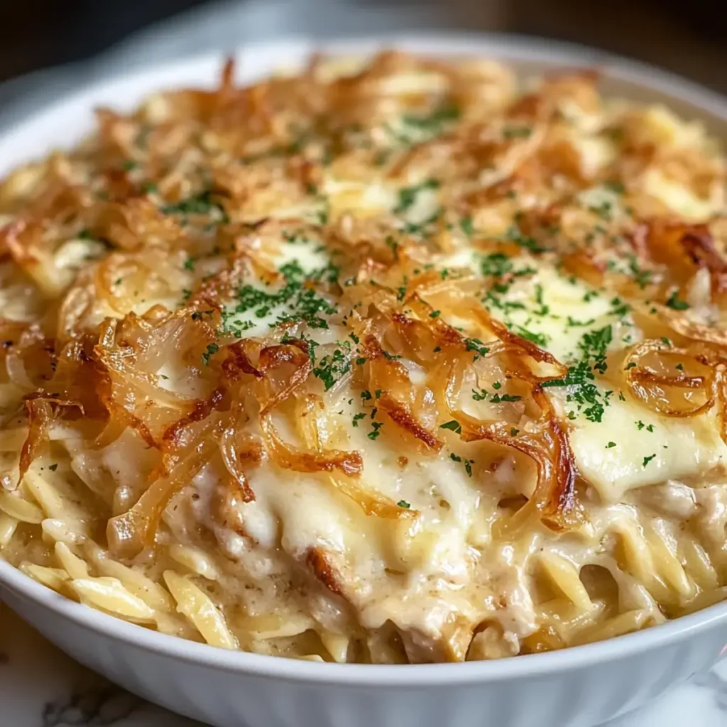 Französische Zwiebel Hühnchen Orzo