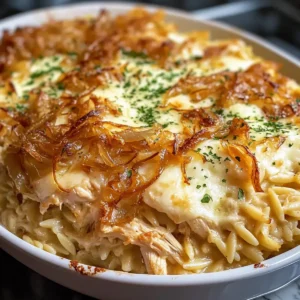 Französische Zwiebel Hühnchen Orzo Auflauf