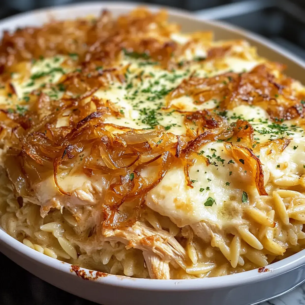 Französische Zwiebel Hühnchen Orzo