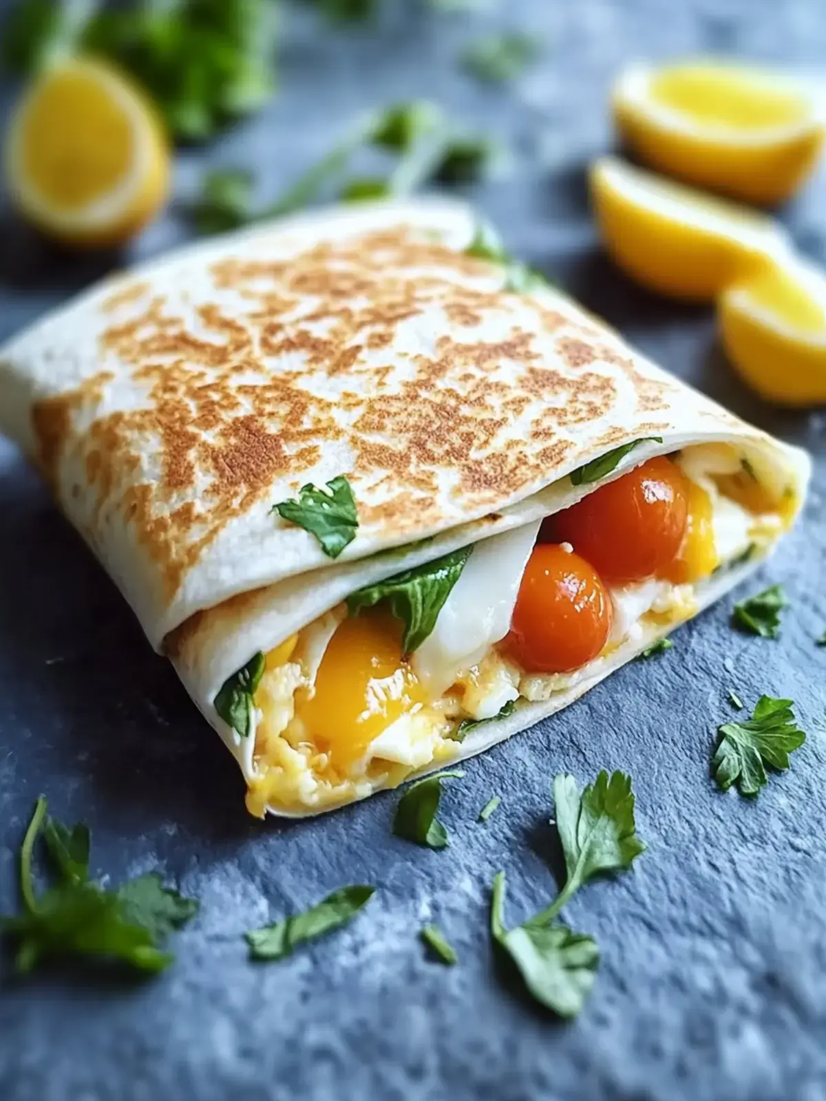 Frühstückswrap mit Ei Käse und Tomaten