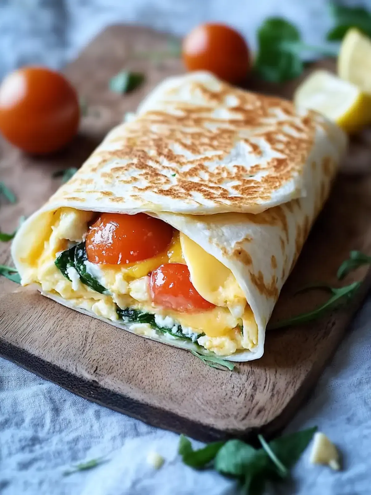 Frühstückswrap mit Ei Käse und Tomaten