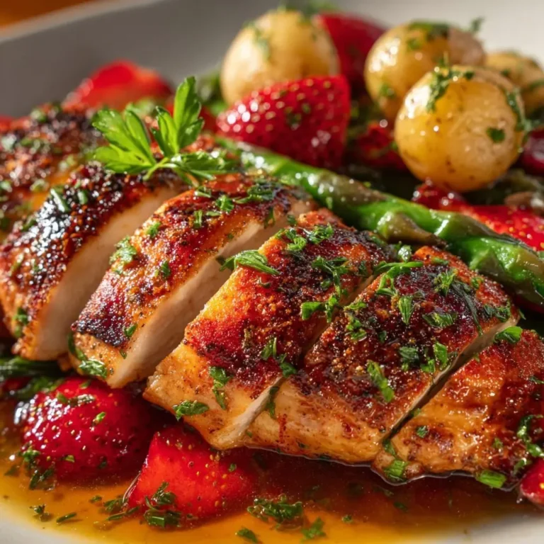 Gebratene Maishähnchenbrust mit Spargel Erdbeer Ragout