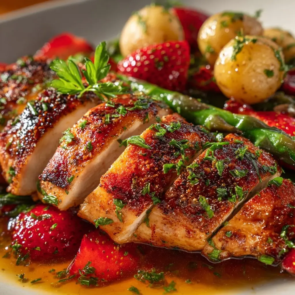 Gebratene Maishähnchenbrust mit Spargel Erdbeer Ragout