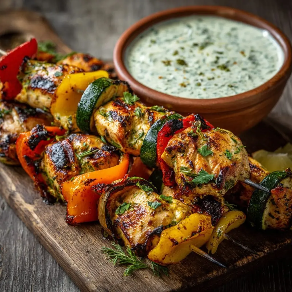 Gegrillte Hähnchenspieße Kräuterquark