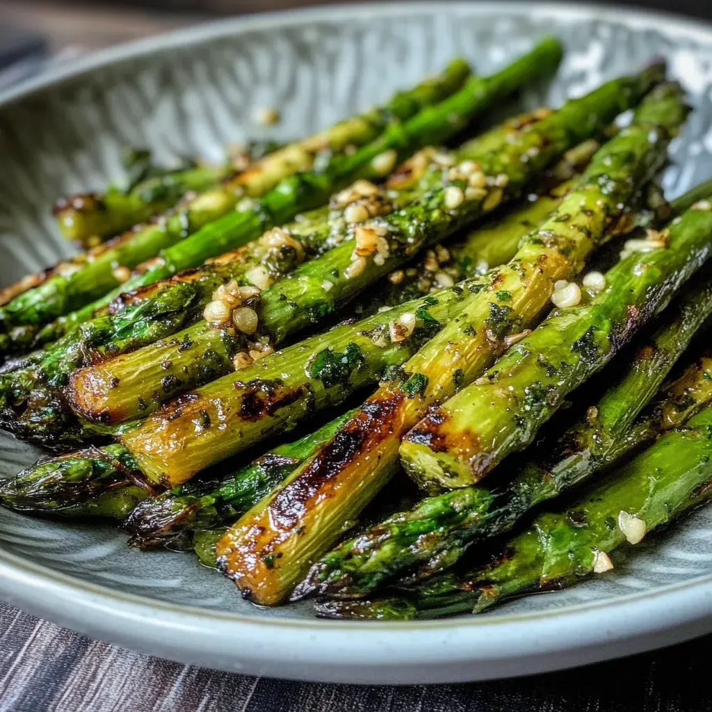 Gegrillter grüner Spargel mit Knoblauchmarinade