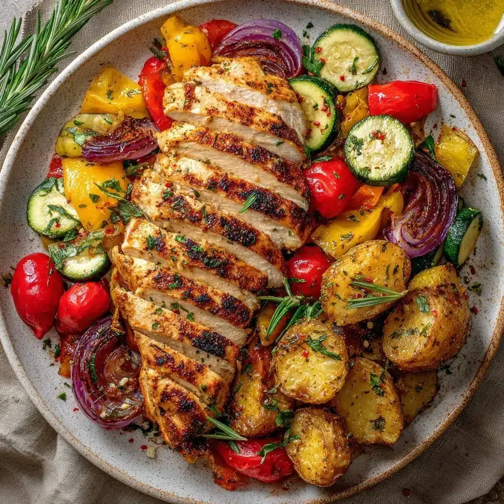 Gegrilltes Hähnchenbrustfilet mediterranes Gemüse Rosmarinkartoffeln