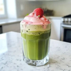 Gekühlter Matcha Latte mit Erdbeer-Kalte-Schaum