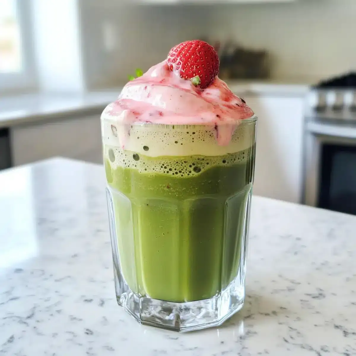 Gekühlter Matcha Latte mit Erdbeer-Kalte-Schaum