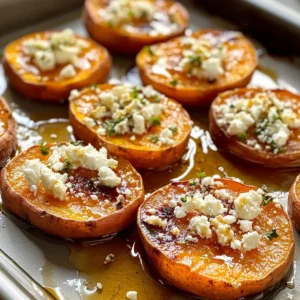 Geröstete Süßkartoffelrunden mit Honig und Feta