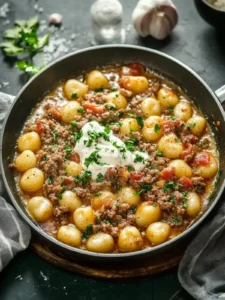 Einfaches Pfannengericht: Gnocchi mit Hackfleisch und Schmand