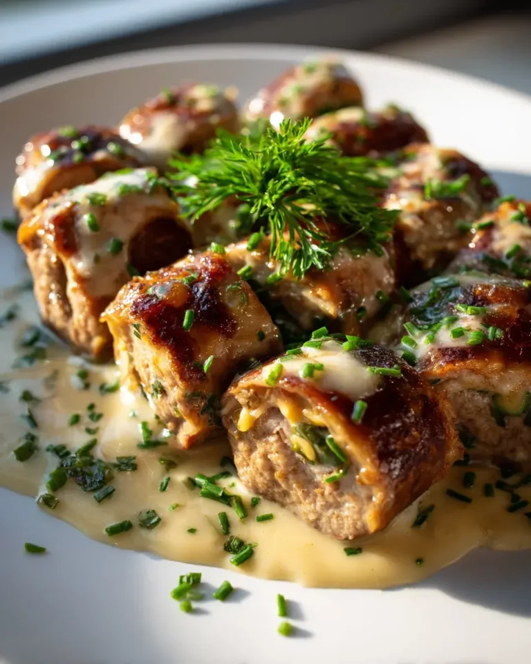 Herzhafte Hackröllchen mit Schinken und Sauce