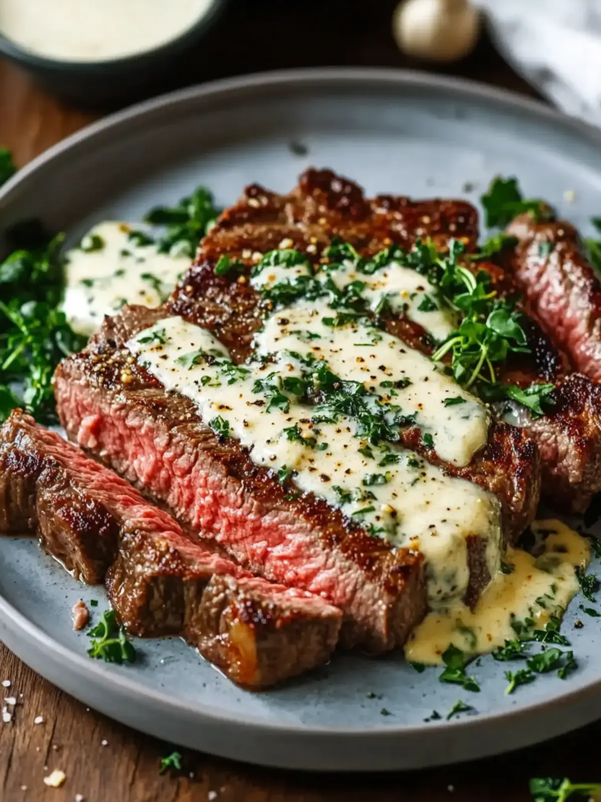 Knoblauchbutter-Steak mit Parmesan-Cremesauce