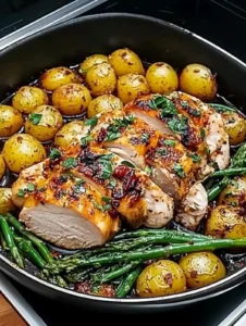 One-Pan Knoblauch Kräuterhähnchen mit saftigen Kartoffeln