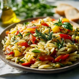 Orzo Salat mit Gurke und Paprika