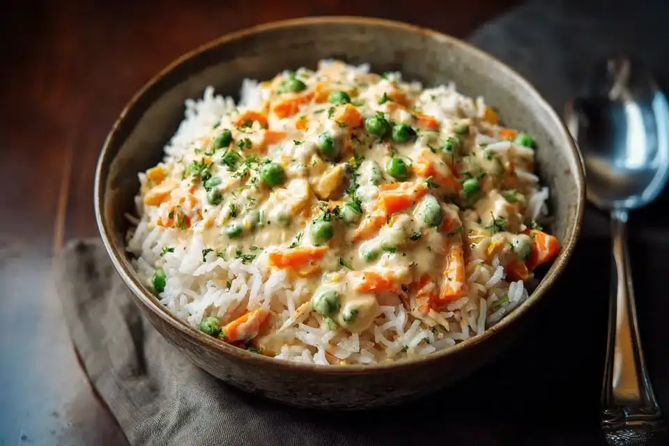 Reis mit Gemüse-Frischkäse-Sauce