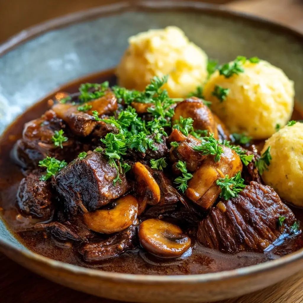 Rindergulasch mit Pilzen und Kartoffelknödeln