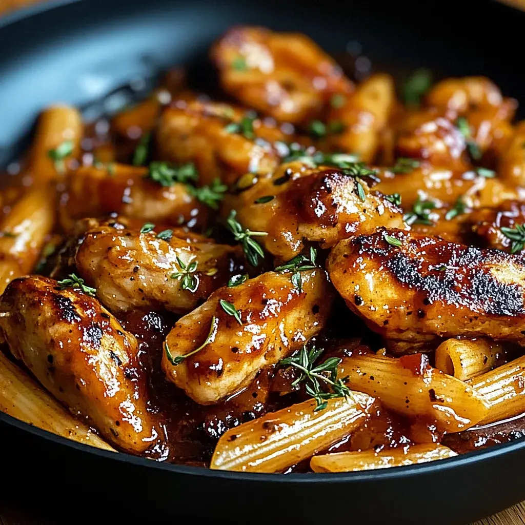 Scharfe Honig-BBQ-Hähnchen-Penne aus einer Pfanne