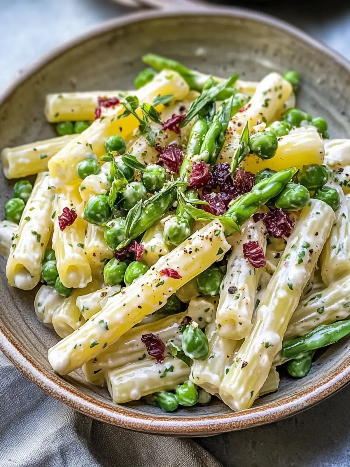 Zitronen-Dijon Spargel Erbsen Makkaroni Salat