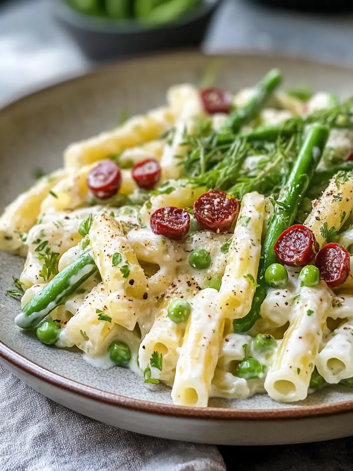 Zitronen-Dijon Spargel Erbsen Makkaroni Salat