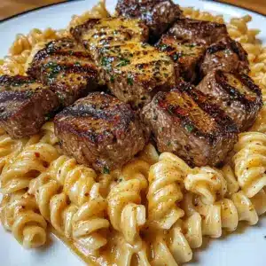 Cremige Knoblauch-Butter-Steak-Happen mit würziger Cajun-Alfredo-Pasta