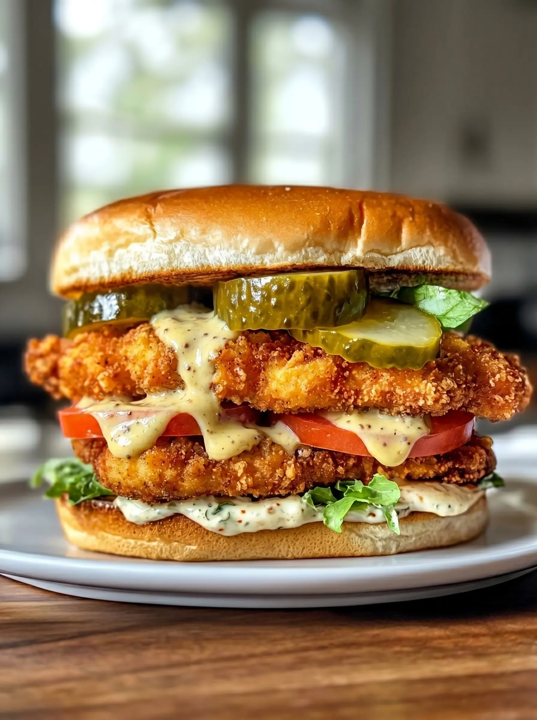 Dijon-Mayonnaise-eingelegtes knuspriges Hähnchen Sandwich