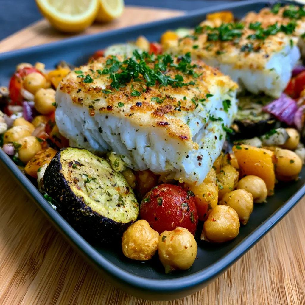 Gebackener Kabeljau mediterraner Gemüsesalat
