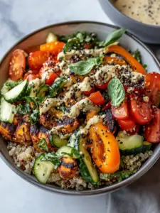 Geröstete Gemüse Quinoa Bowls mit cremigem Tahini-Dressing