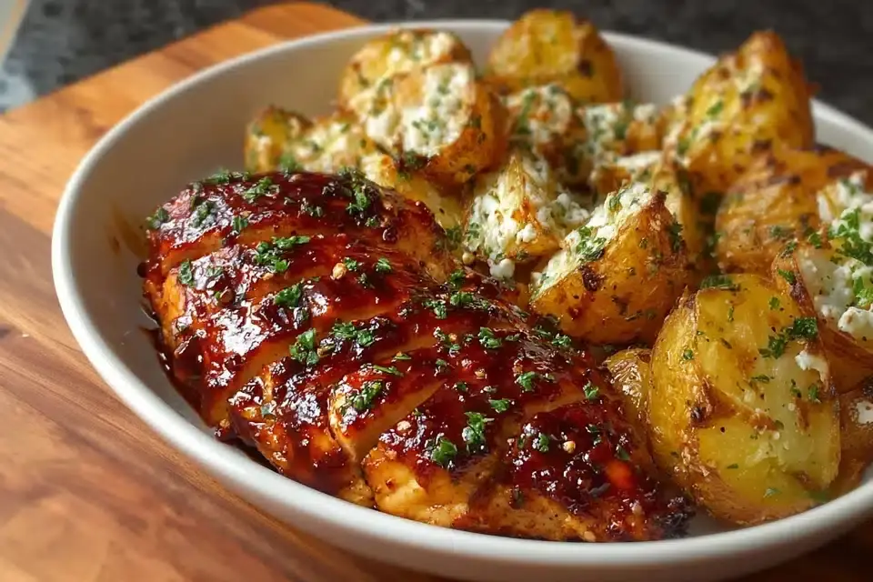 Honig-BBQ-Hähnchen mit Knoblauch-Parmesan-Kartoffeln