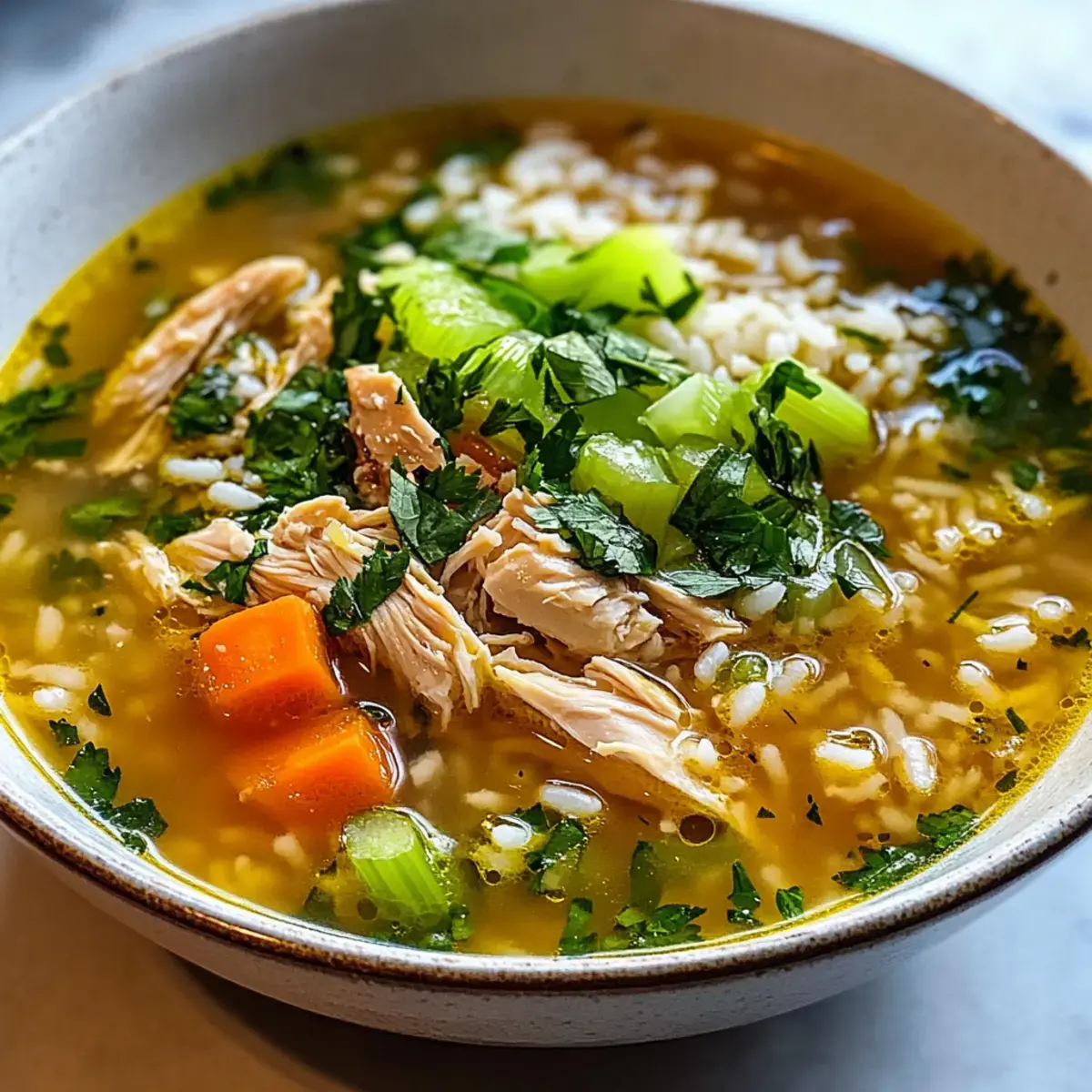 Leckere Hühner-Reis-Suppe mit speziellem Kräuter-Extrakt 2 Hühner-Reis-Suppe mit speziellem Kräuter-Extrakt