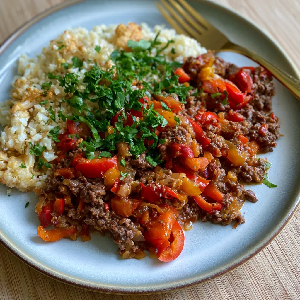 Rinderhackfleisch-Paprika-Pfanne mit Blumenkohlreis - LNNRW 2 Rinderhackfleisch-Paprika-Pfanne mit Blumenkohlreis