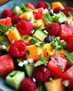 Sommersalat mit Melone, Gurke und Himbeeren