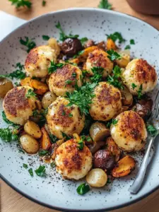 Herzhafte Vegane Mini Knödel Pfanne mit Hack, Pilzen & Zwiebeln