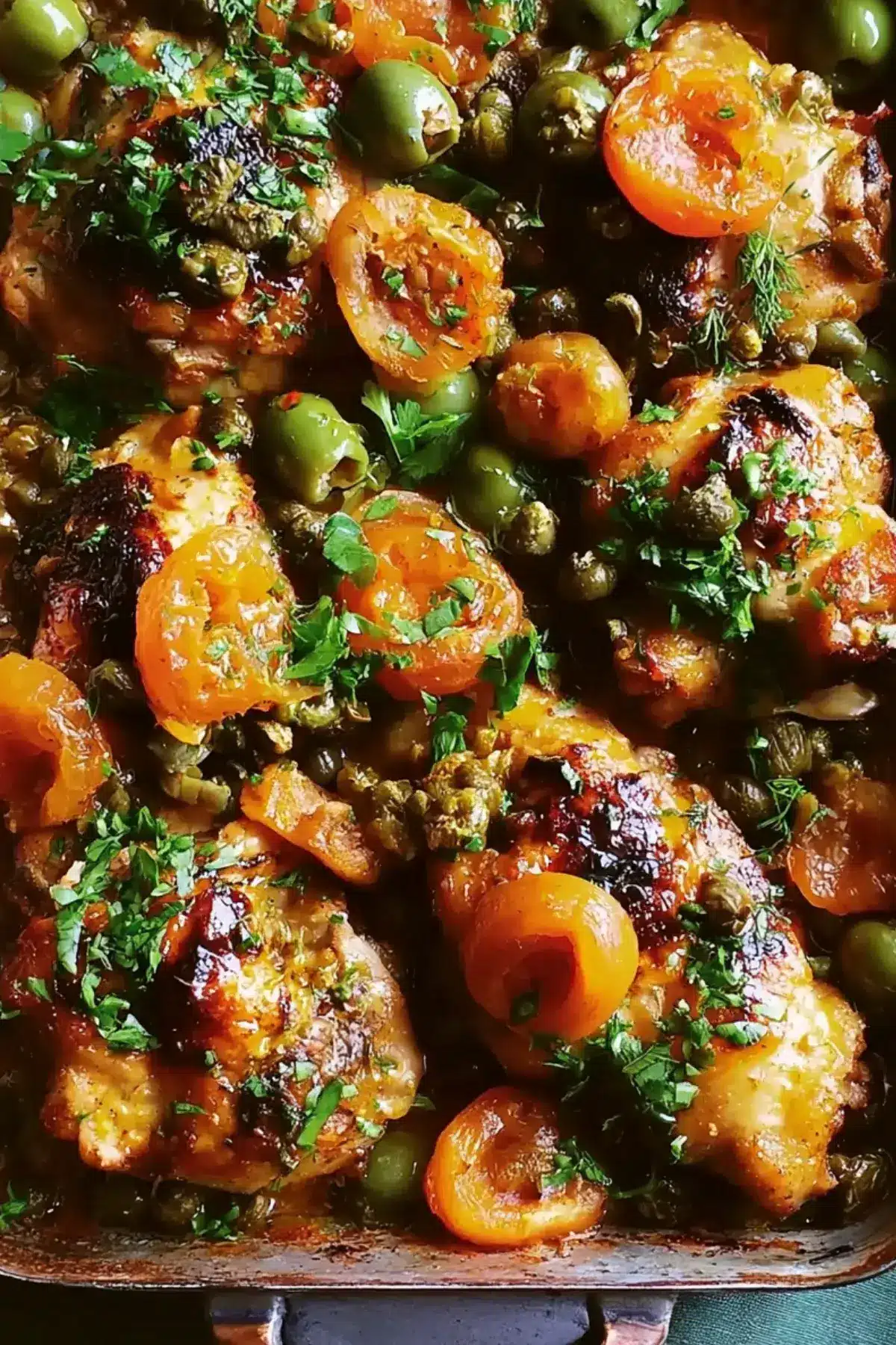 Aprikosen Hähnchen mit Kapern und grünen Oliven
