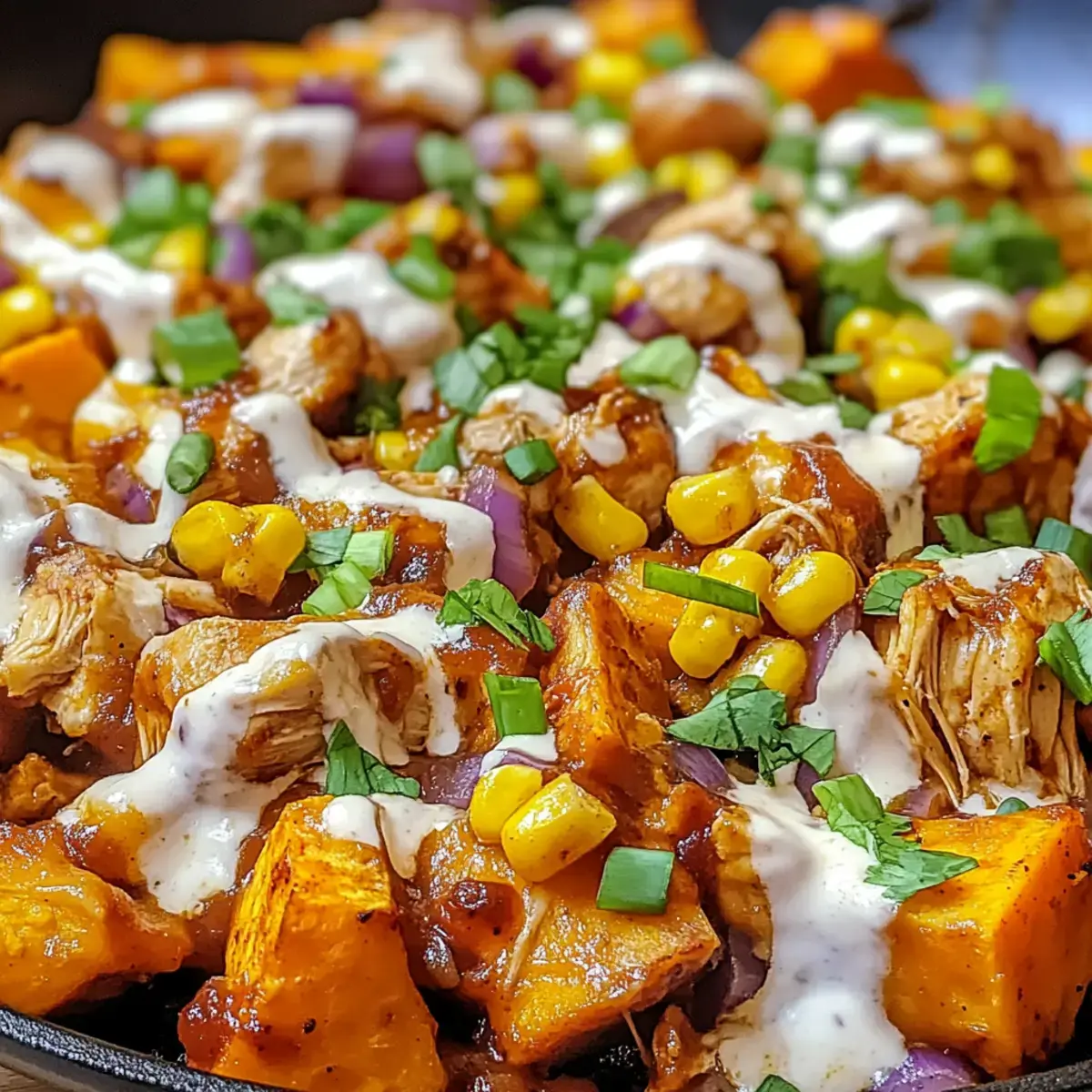 BBQ-Hühnchen Süßkartoffel Pfanne