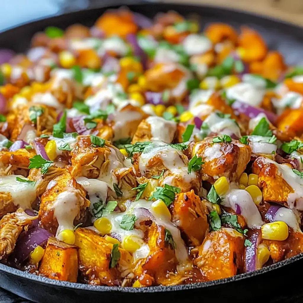 BBQ-Hühnchen Süßkartoffel Pfanne