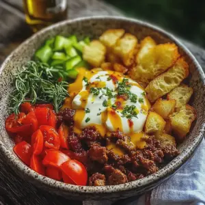 Gesunde Burger Bowl mit Rinderhack und frischem Gemüse