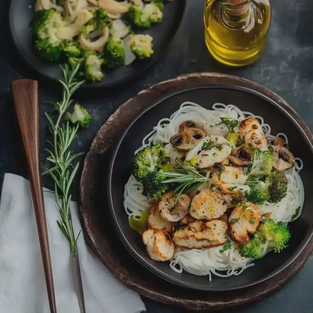Champignon-Brokkoli-Pfanne mit Reisnudeln