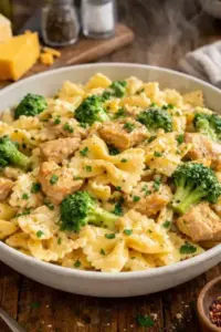 Cremige Cheddar-Havarti Hähnchen-Bowtie-Pasta mit Brokkoli