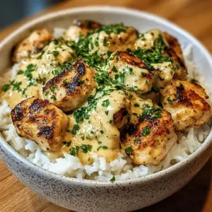 Cremige Knoblauch Hühnchen Reis Schüsseln