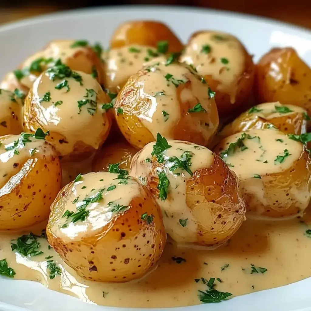 Cremige Knoblauchsoße Babykartoffeln
