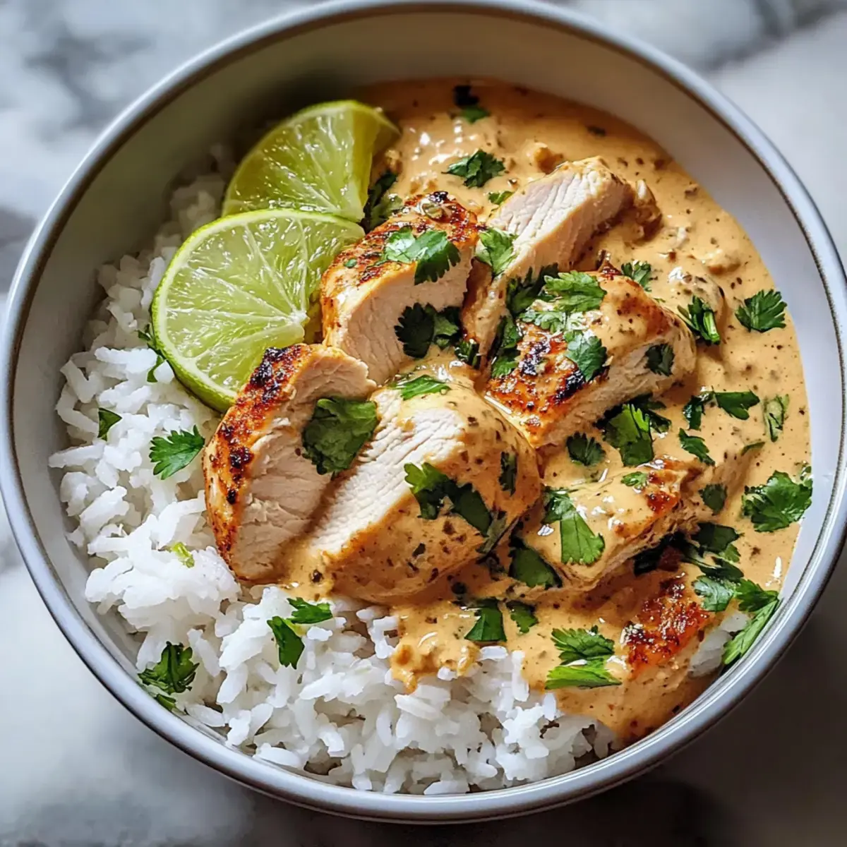 Cremige Kokosnuss-Hühnchen-Reis-Schüssel
