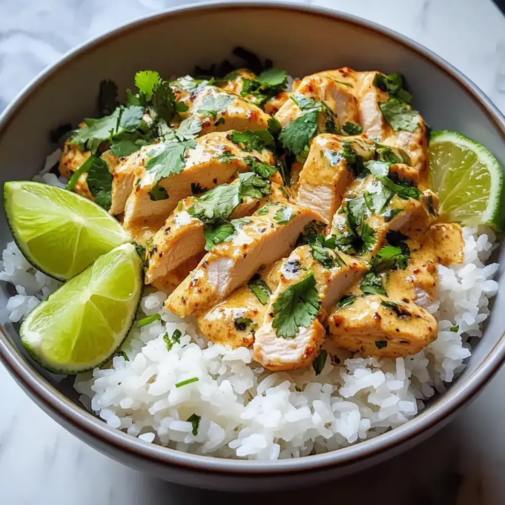 Cremige Kokosnuss-Hühnchen-Reis-Schüssel