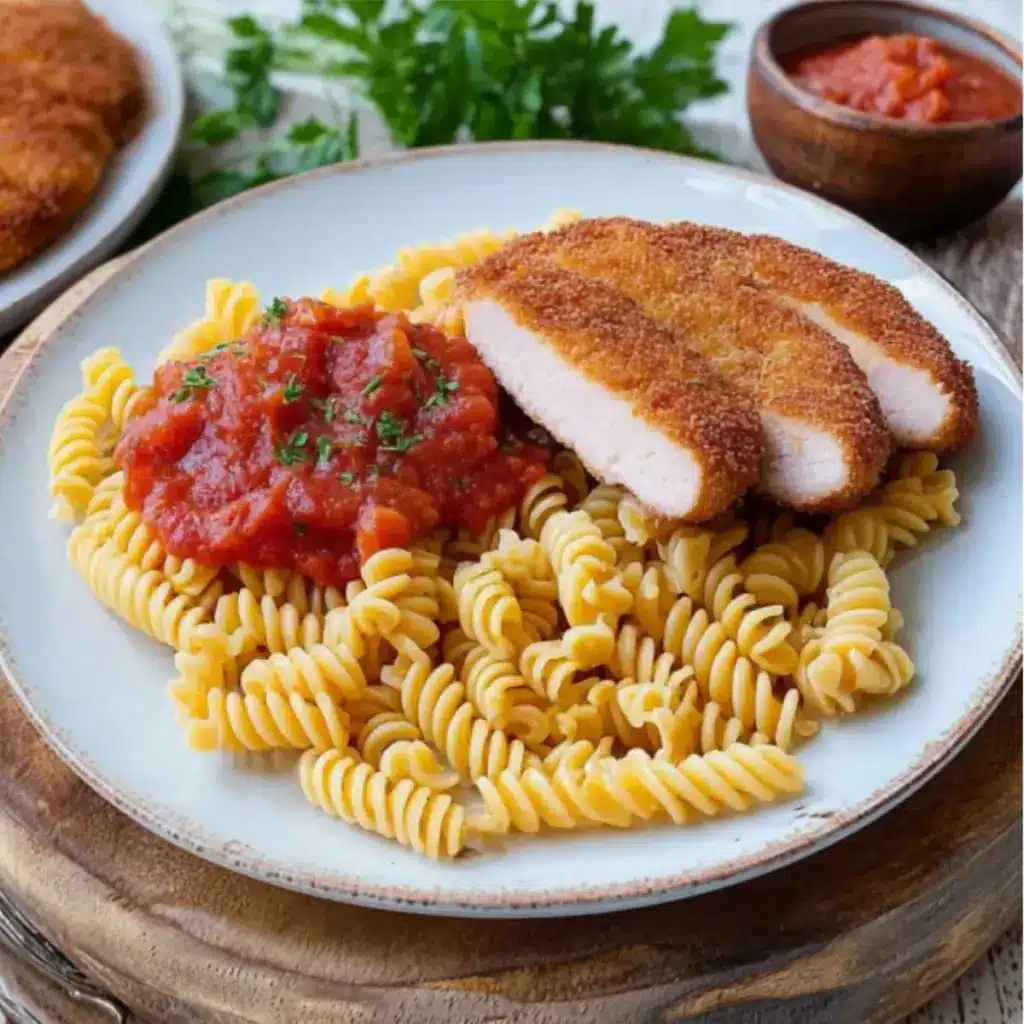 DDR Makkaroni mit Tomatensoße Jägerschnitzel