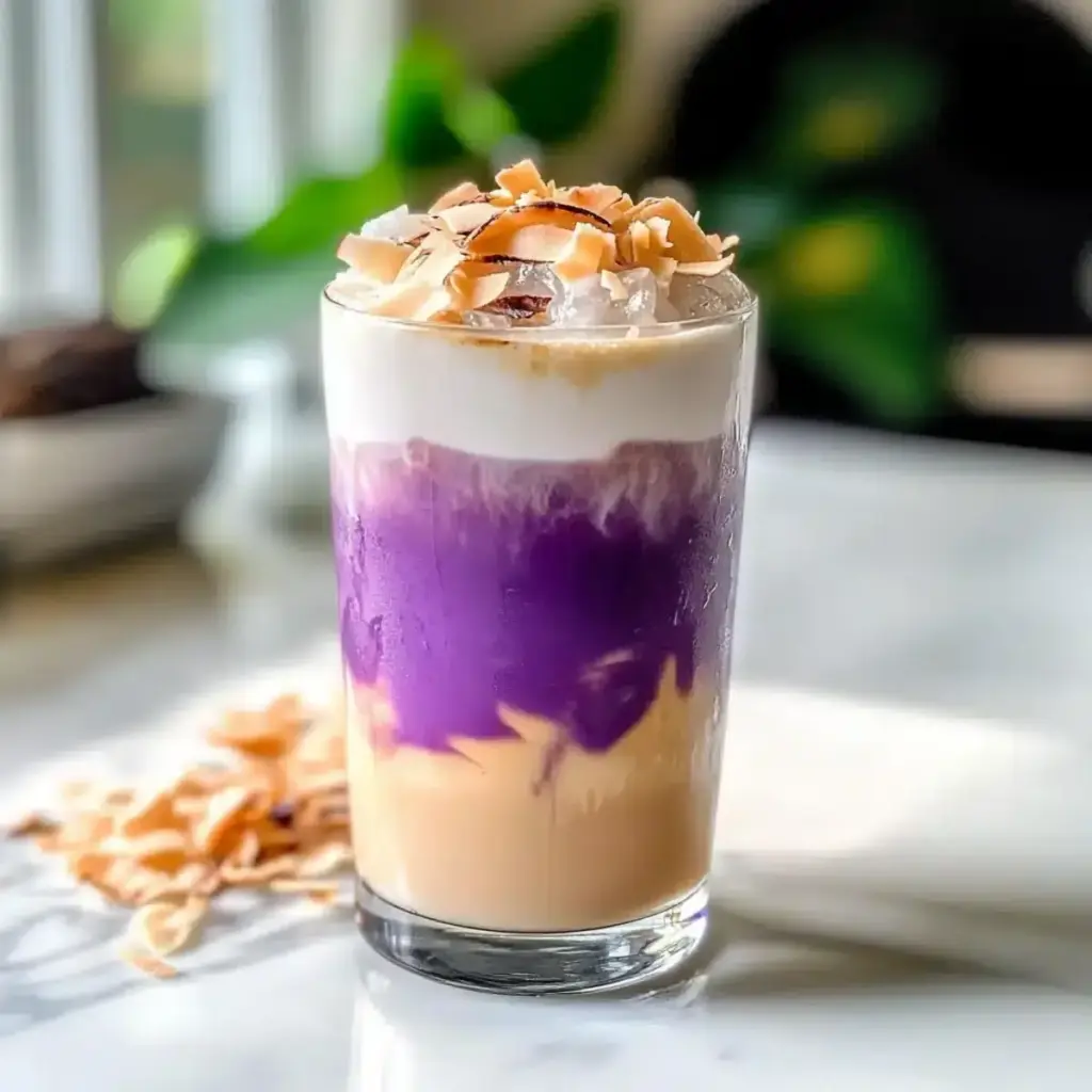 Eisige Ube-Kokosnuss-Macchiato